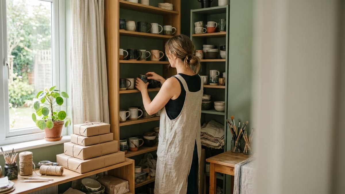 A craft seller seen from behind in a sunlit home studio, arranging handmade ceramic mugs on wooden shelves beside a stack of plain kraft parcels