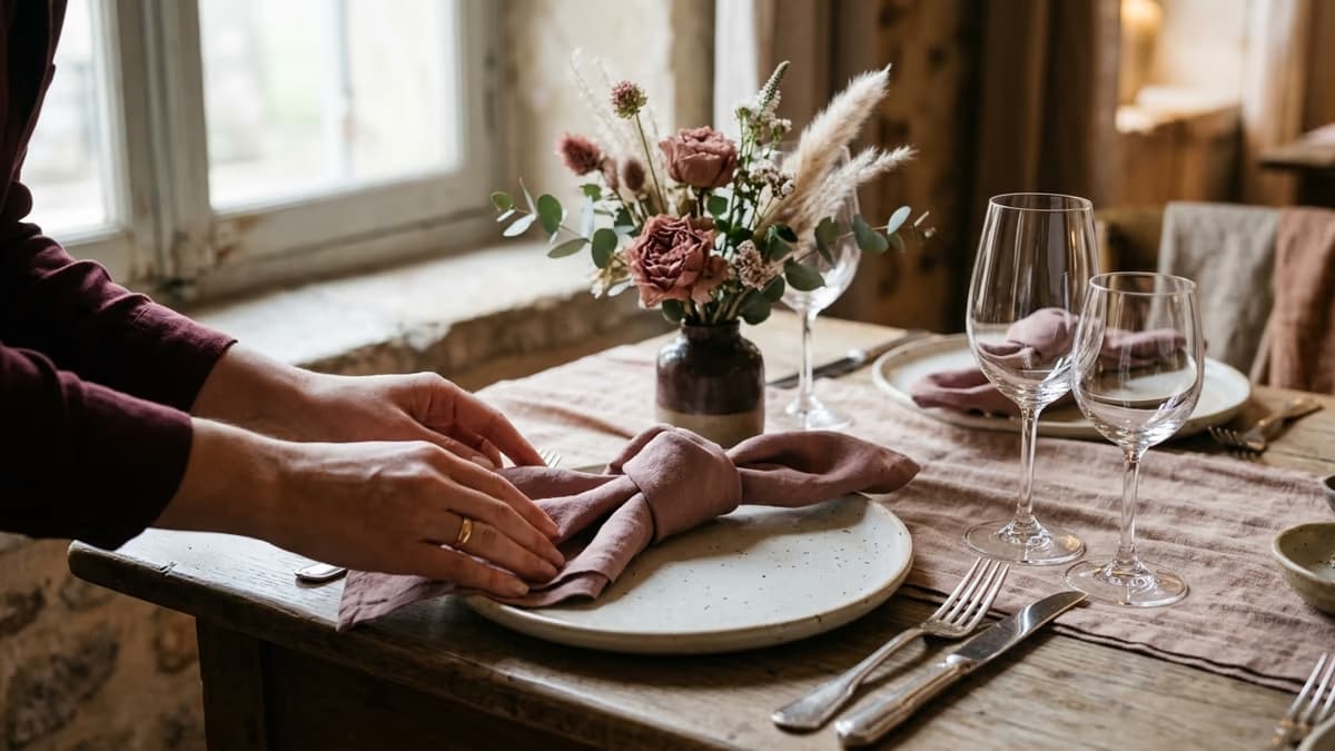 An event planner's hands arranging a folded napkin and floral centerpiece on an elegantly styled table near a window