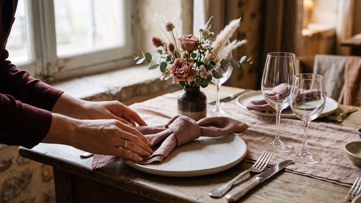 An event planner's hands arranging a folded napkin and floral centerpiece on an elegantly styled table near a window