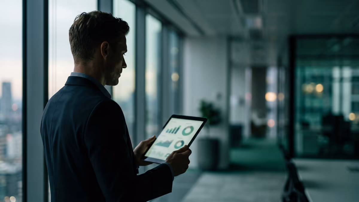 A business professional by an office window viewing abstract dashboard charts on a tablet, representing managing a business advertising account and its verification details