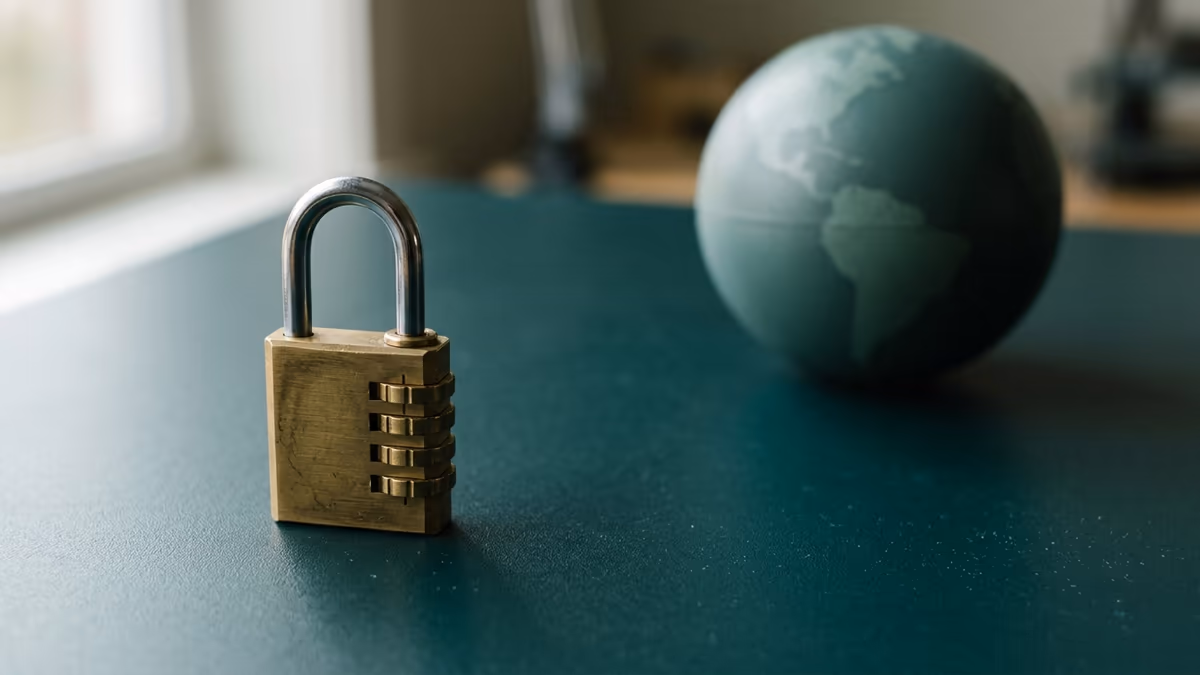 A brass padlock beside a globe motif representing the reporting of foreign financial accounts