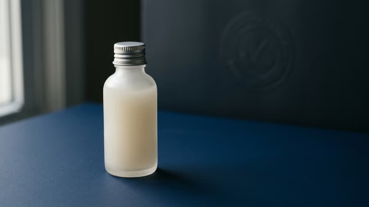 Minimalist skincare bottle against a deep navy background, representing FDA U.S. agent and MoCRA compliance for foreign cosmetics brands