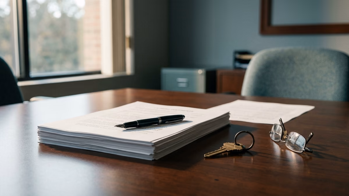 A closing table with a set of house keys resting on a stack of unsigned documents beside a pen