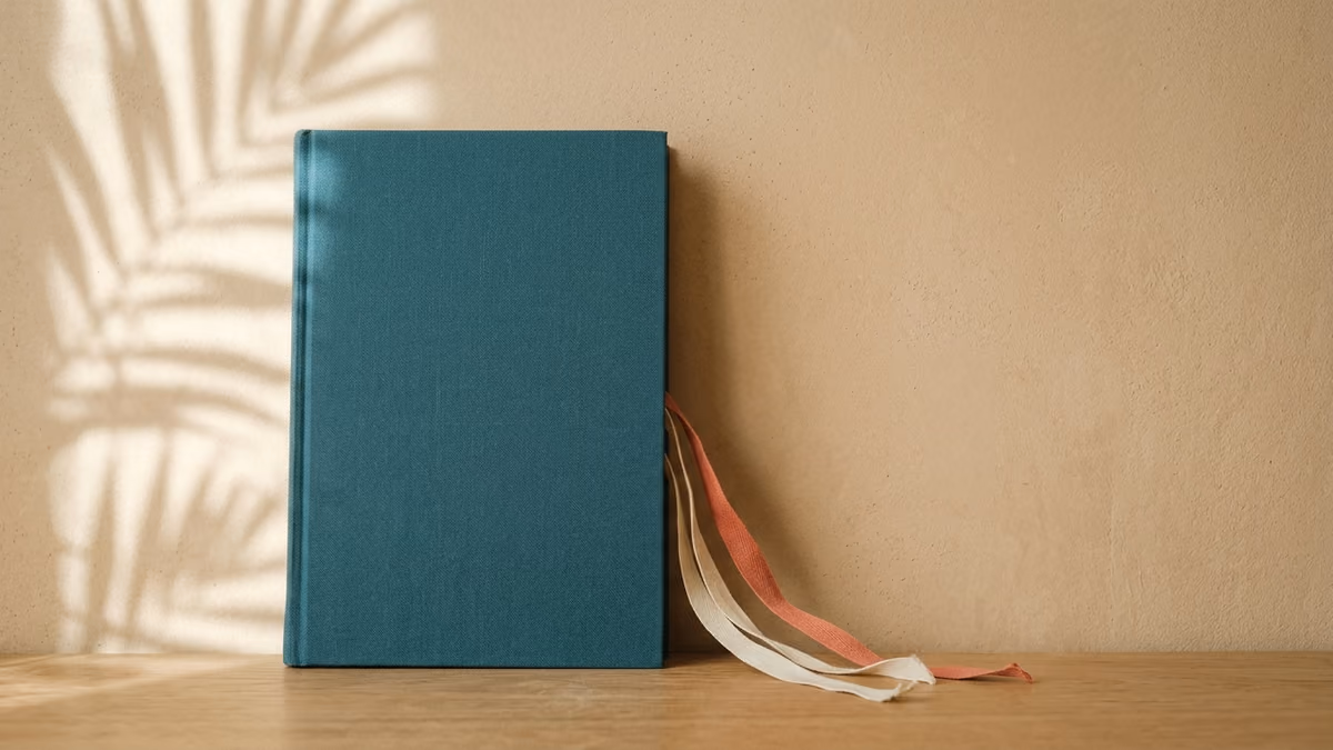 Closed accounting ledger with ribbon bookmarks resting against a sunlit wall with palm frond shadows