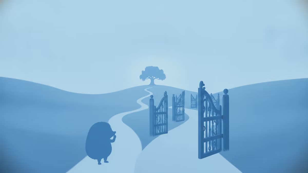 A blue illustration of a hedgehog pausing where a path splits, with a line of ornate gates standing open along the road to a distant tree, symbolizing FinCEN narrowing who must file a BOI report.