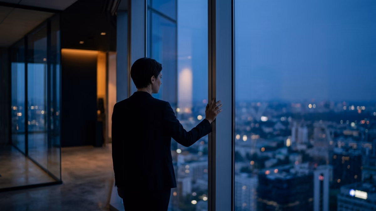 Business professional standing alone at a high-rise office window at dusk, looking out toward a distant city