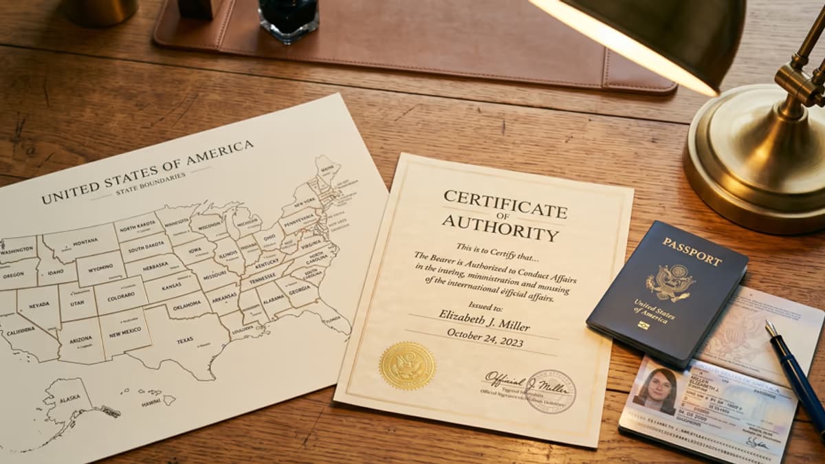 A US map with state borders highlighted, a Certificate of Authority document, and a passport on a desk under warm lamp light, suggesting multi-state LLC qualification review