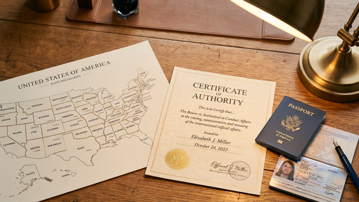 A US map with state borders highlighted, a Certificate of Authority document, and a passport on a desk under warm lamp light, suggesting multi-state LLC qualification review