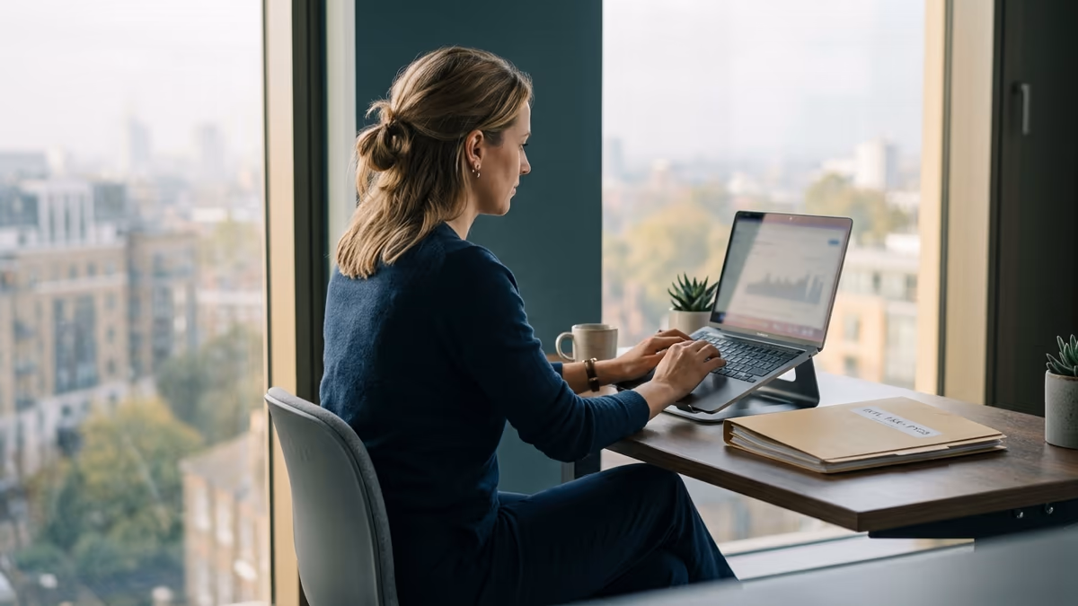 A business professional working on a laptop at a sunlit desk by a window, reviewing US tax filing documents