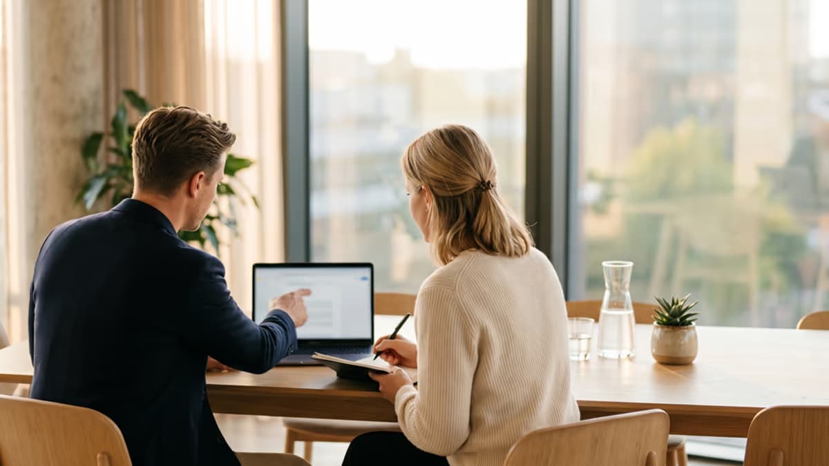 Two business professionals collaborating at a modern meeting table, viewed from behind with no faces visible, soft warm window light, muted beige and charcoal palette