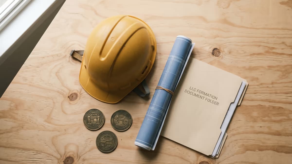 A construction hard hat, blueprints, and LLC formation documents arranged on a wooden desk under warm lamp light, suggesting a state-licensed contractor LLC reviewing license board and bond paperwork