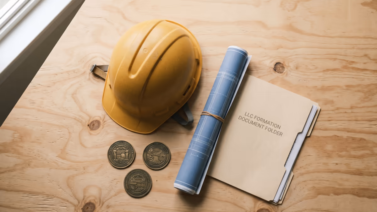 A construction hard hat, blueprints, and LLC formation documents arranged on a wooden desk under warm lamp light, suggesting a state-licensed contractor LLC reviewing license board and bond paperwork