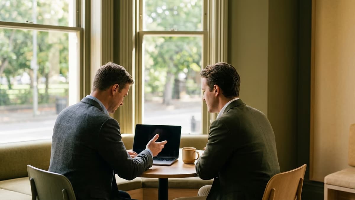 Two business professionals talking over a laptop in the corner of a small sunlit meeting room, with tree-lined street views softly blurred outside the window