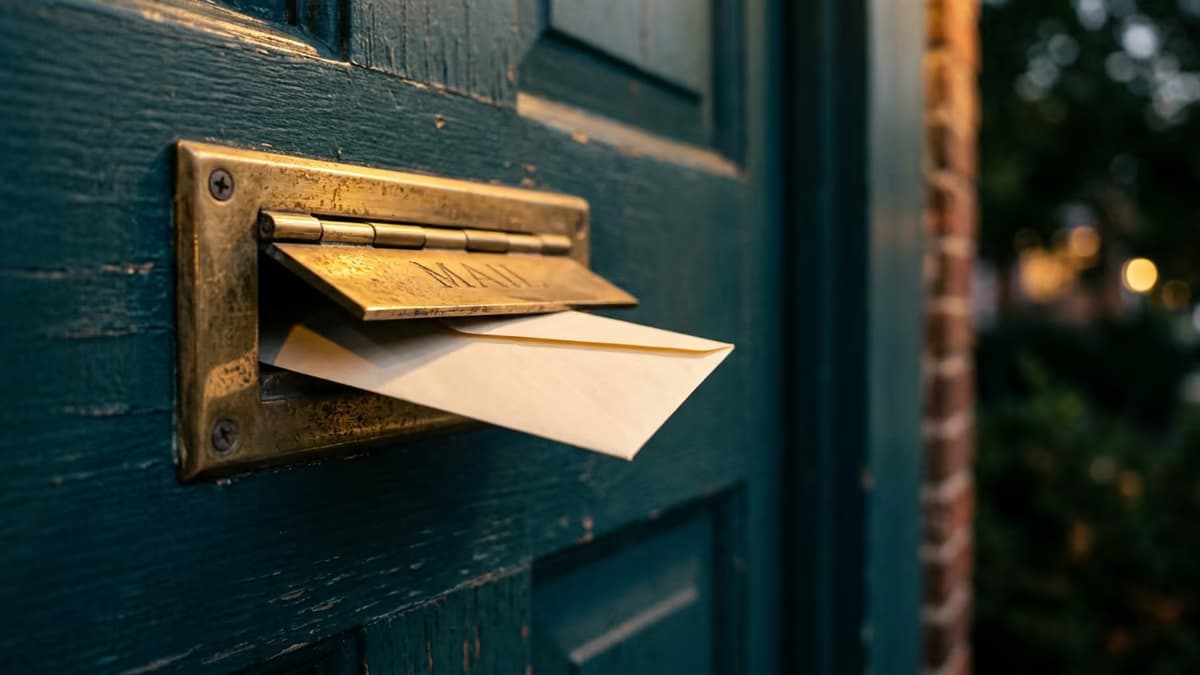 A plain envelope pushed halfway through a brass mail slot in a painted front door at dusk