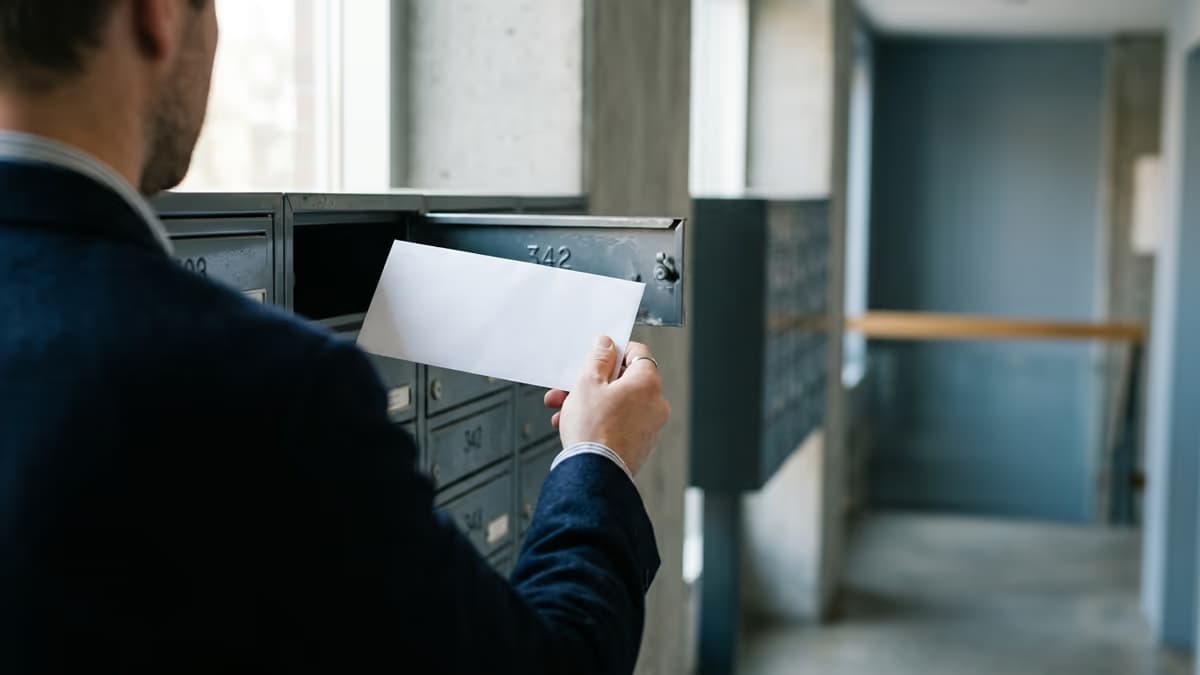 A pair of hands pulling a plain envelope from a wall mailbox, representing a publisher receiving a verification PIN letter by mail