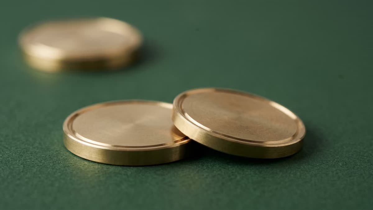 Two brass seal discs side by side with one tilted out of alignment, with a third out of focus behind them
