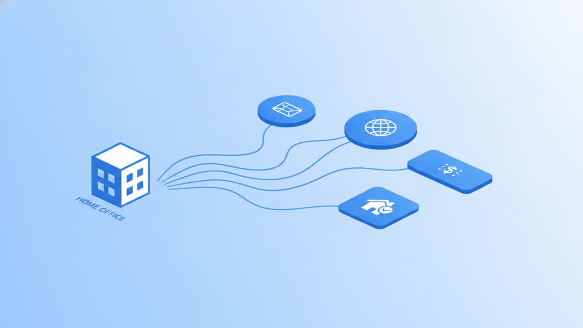 Isometric illustration of a home office building connected by lines to mail, web, payment, and compliance icons, one base serving many registrations