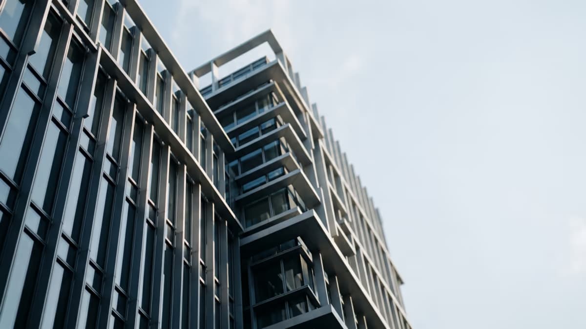 Abstract modern corporate building facade with geometric shadows in a cool blue palette, editorial blog hero composition with negative space