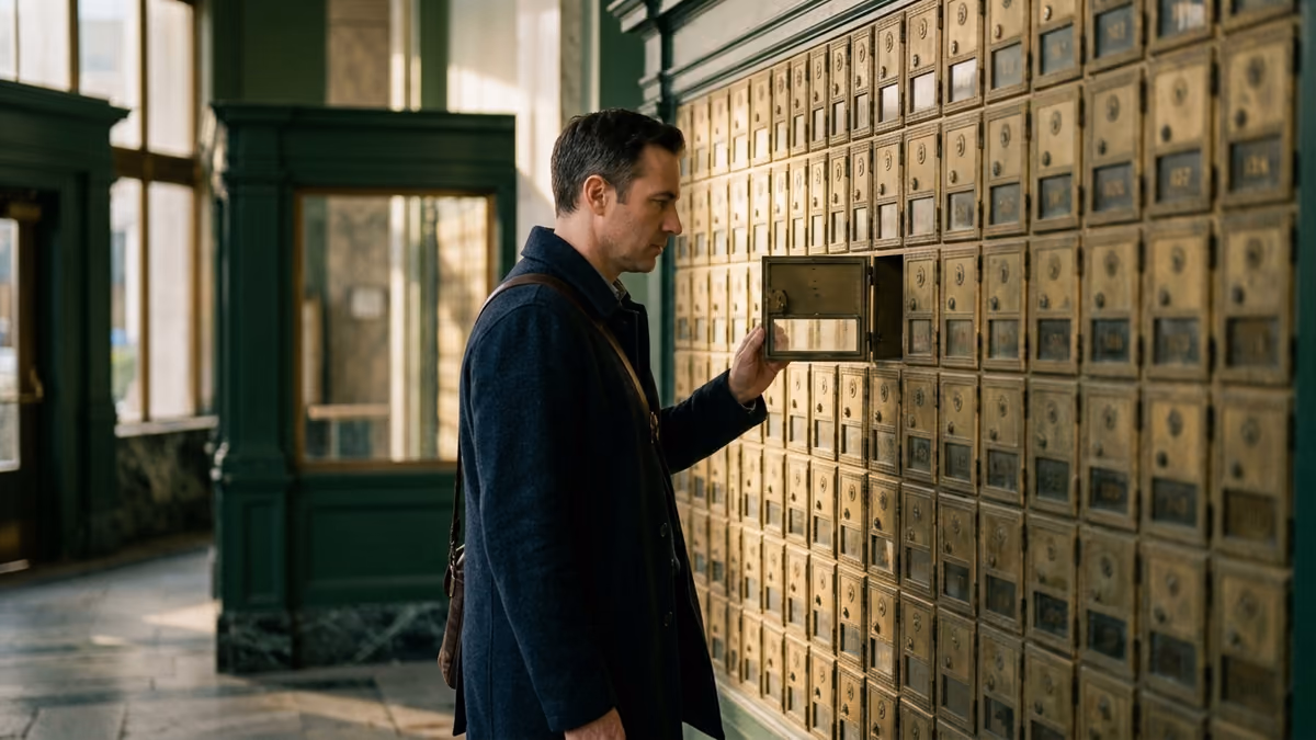 A business professional standing in profile before a lobby wall of brass mailboxes, one compartment hanging open and empty at eye level, warm late afternoon light raking across the metal doors