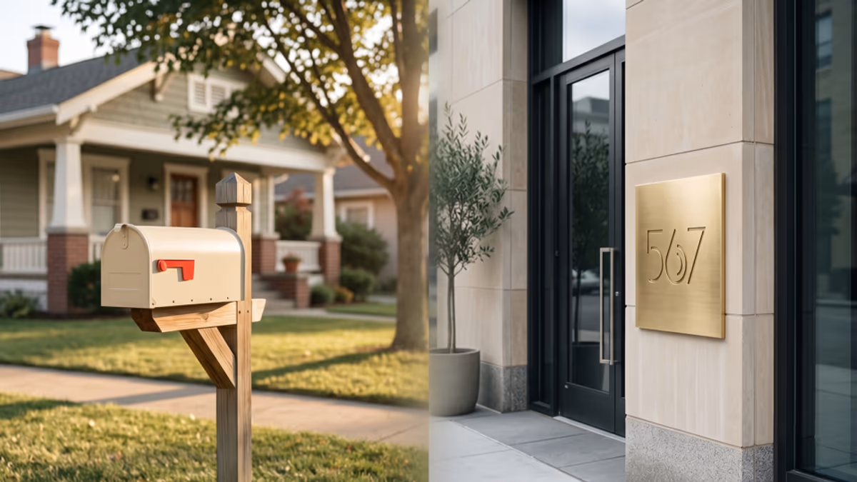 Three envelopes stamped with green, amber, and red grade marks beside a smartphone showing an address verification score gauge