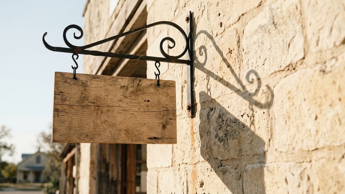 A blank wooden sign hanging from an iron bracket on a limestone wall in warm afternoon light