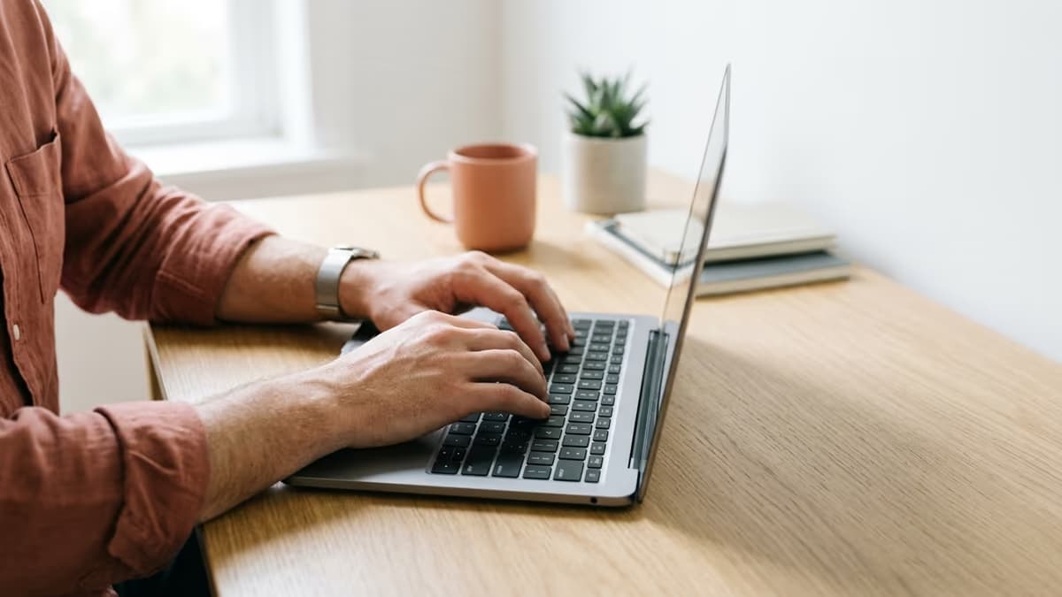 Hands typing on a laptop while setting up a virtual business address step by step
