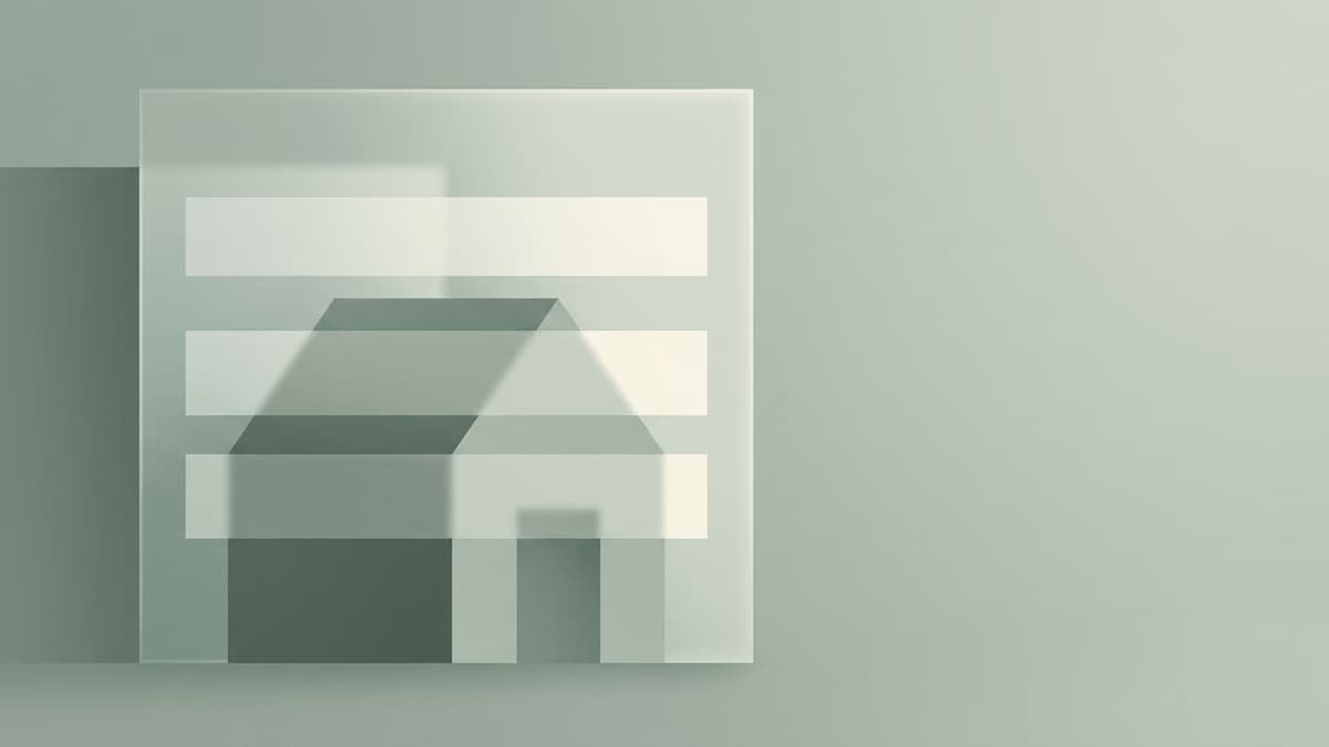 Editorial illustration of a small house silhouette sheltered behind a translucent commercial building facade, cool green-gray palette, generous negative space