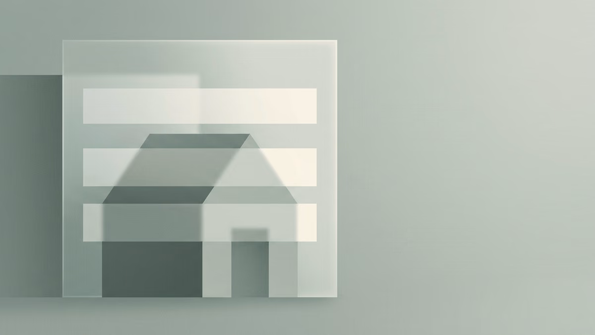 Editorial illustration of a small house silhouette sheltered behind a translucent commercial building facade, cool green-gray palette, generous negative space