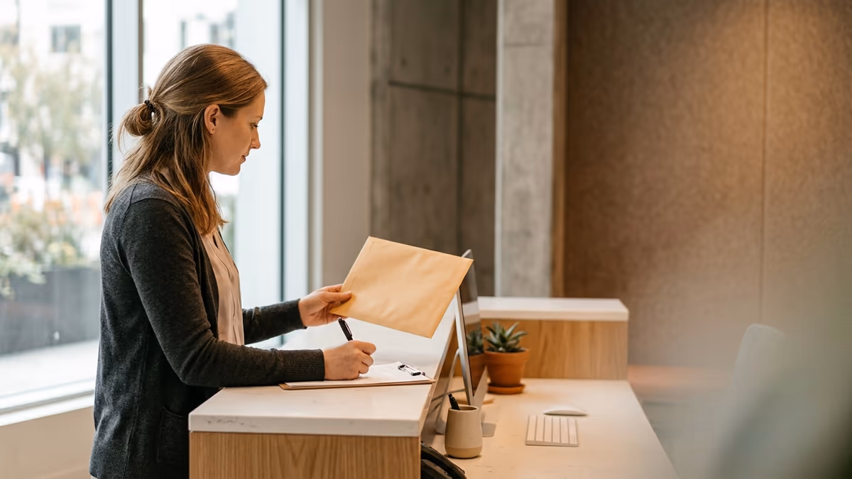 Front-desk staff member signing for a certified mail envelope at a reception counter