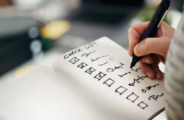Business checklist and notebook on a planning desk