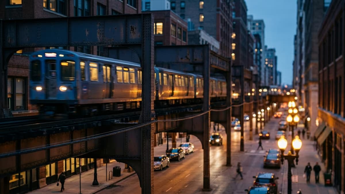 An elevated train passing on steel tracks above a city street at blue hour
