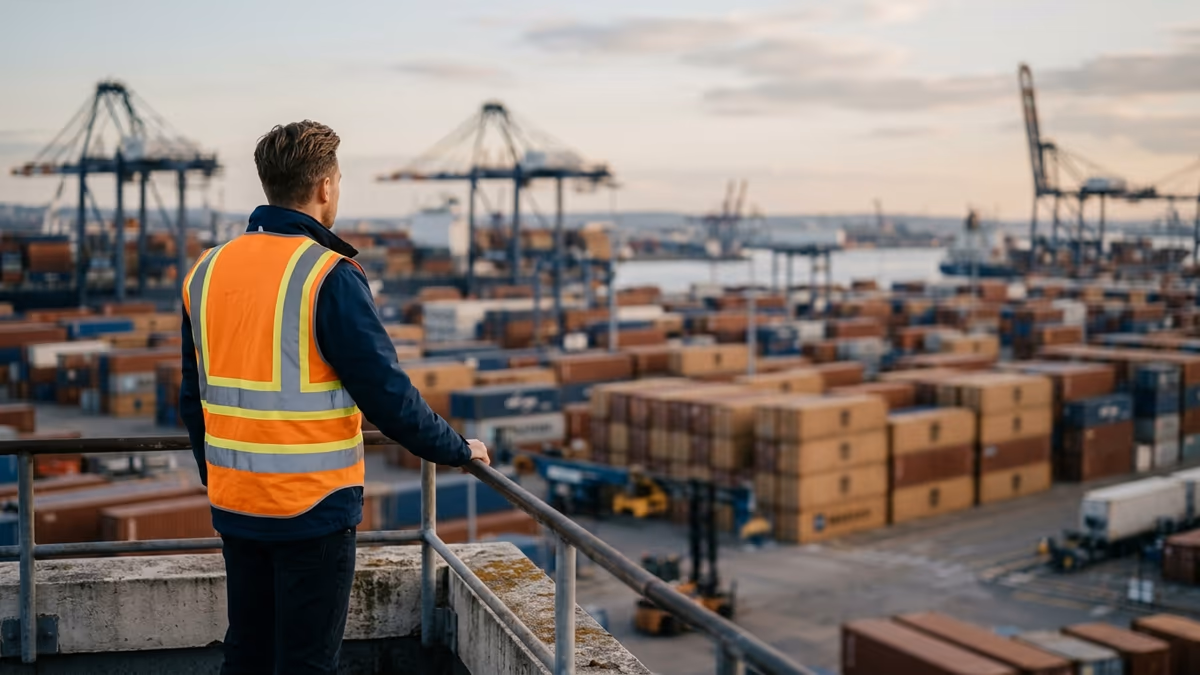 A logistics worker in a safety vest viewed from behind overlooking a busy shipping port