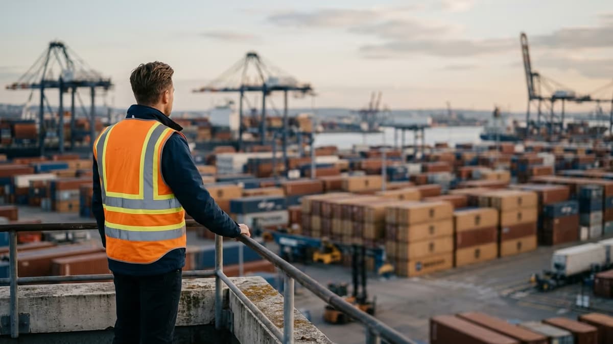 A logistics worker in a safety vest viewed from behind overlooking a busy shipping port