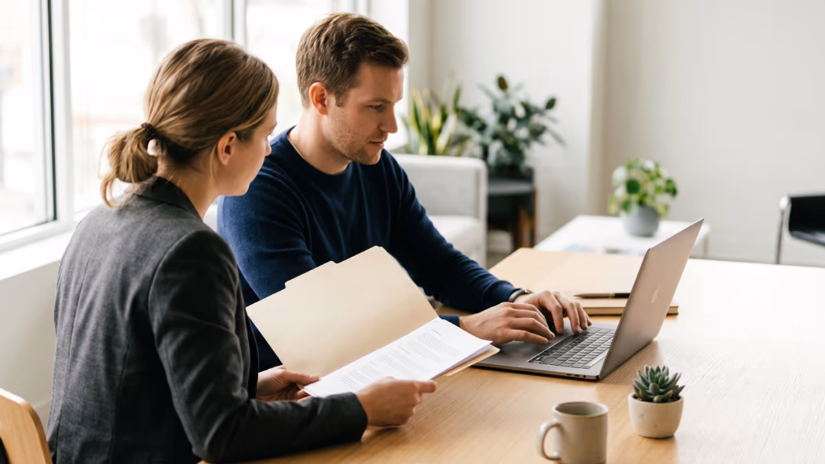 Two business professionals reviewing licensing documents in a modern office, viewed from a slightly elevated angle, soft natural window light, muted warm amber and cream color palette, editorial blog hero composition