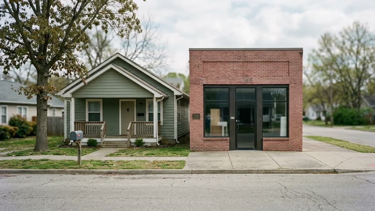 A quiet street corner where a single-family house with a curbside mailbox stands next to a small two-story commercial storefront, seen at street level in overcast daylight