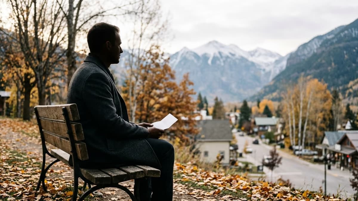 Person seated on a park bench in autumn reading a plain letter, with snowy mountain peaks behind