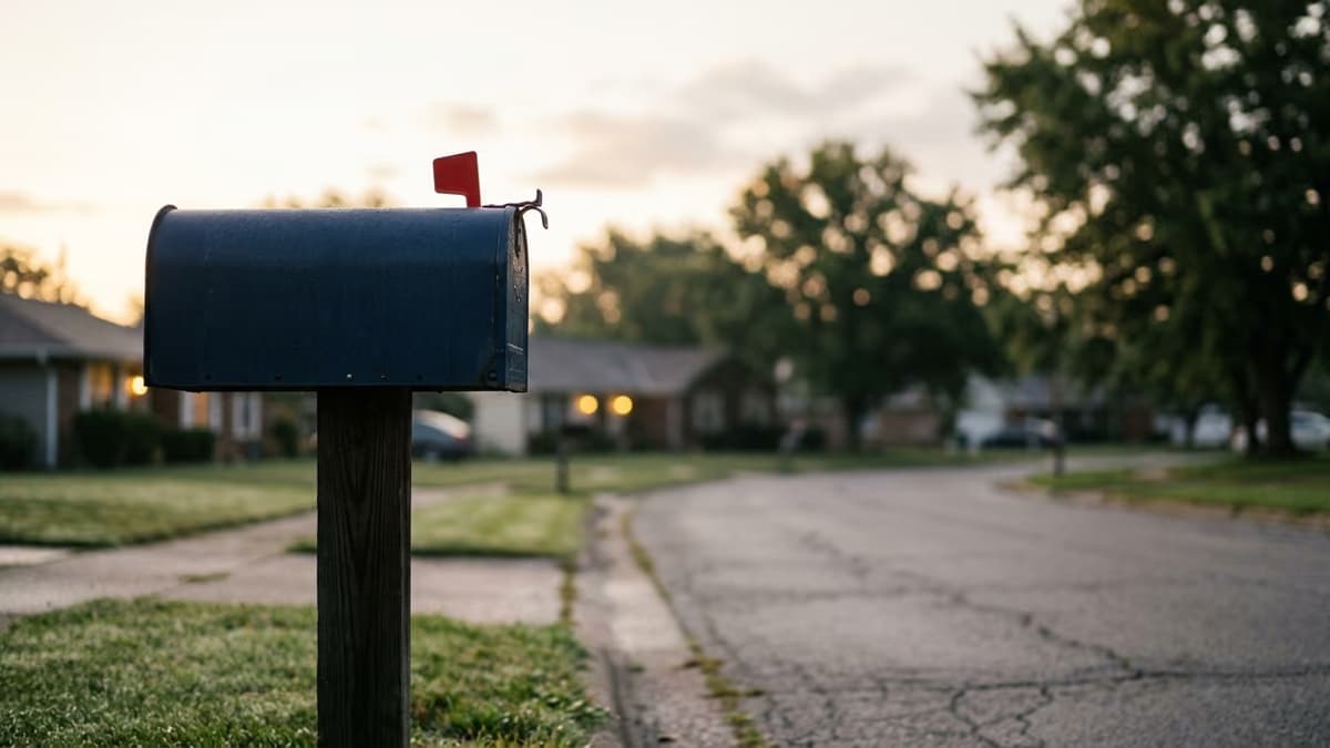 Classic American curbside mailbox with its red flag raised on a quiet suburban street at dawn