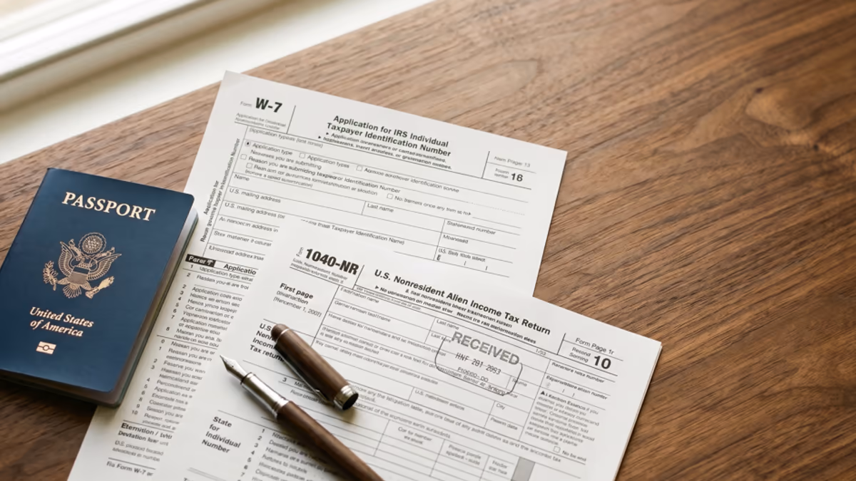 A passport, a US Form W-7, and a stamped Form 1040-NR on a wooden desk under warm window light, suggesting an ITIN application package for a foreign LLC owner
