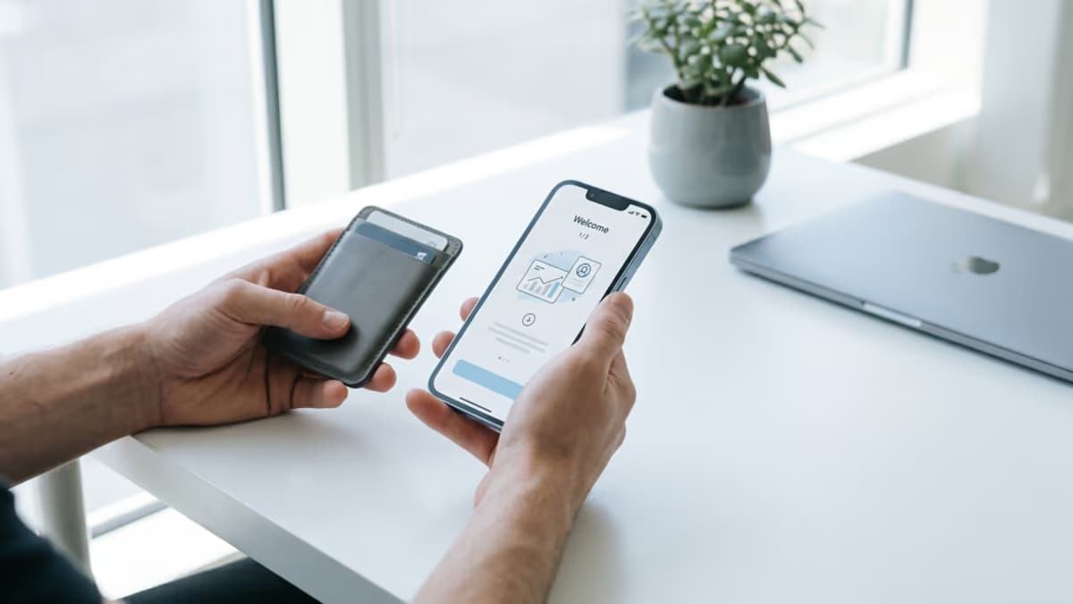A pair of hands holding a leather card holder and a smartphone showing a banking app onboarding screen on a clean modern desk, no face visible, cool gray palette
