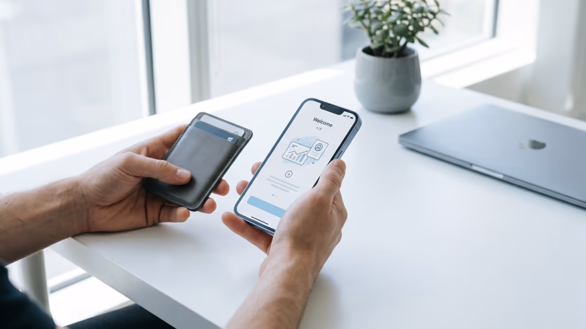 A pair of hands holding a leather card holder and a smartphone showing a banking app onboarding screen on a clean modern desk, no face visible, cool gray palette