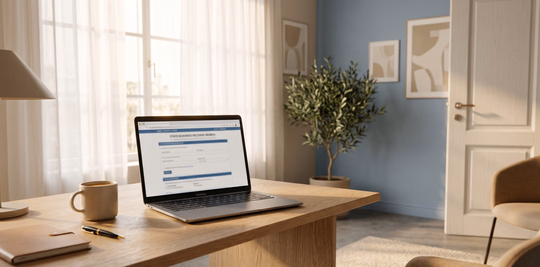 A home office door slightly closed, with a laptop showing a state business records search page on the desk