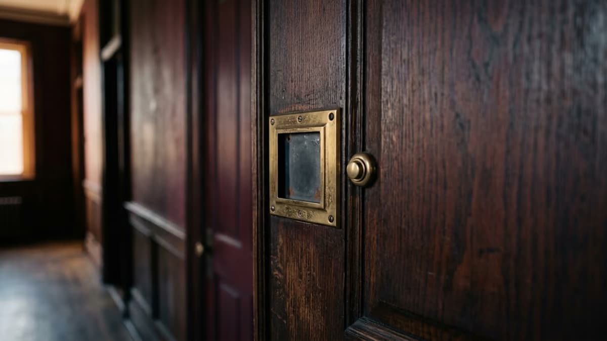 An empty brass nameplate holder beside a closed dark wood office door in a quiet building corridor