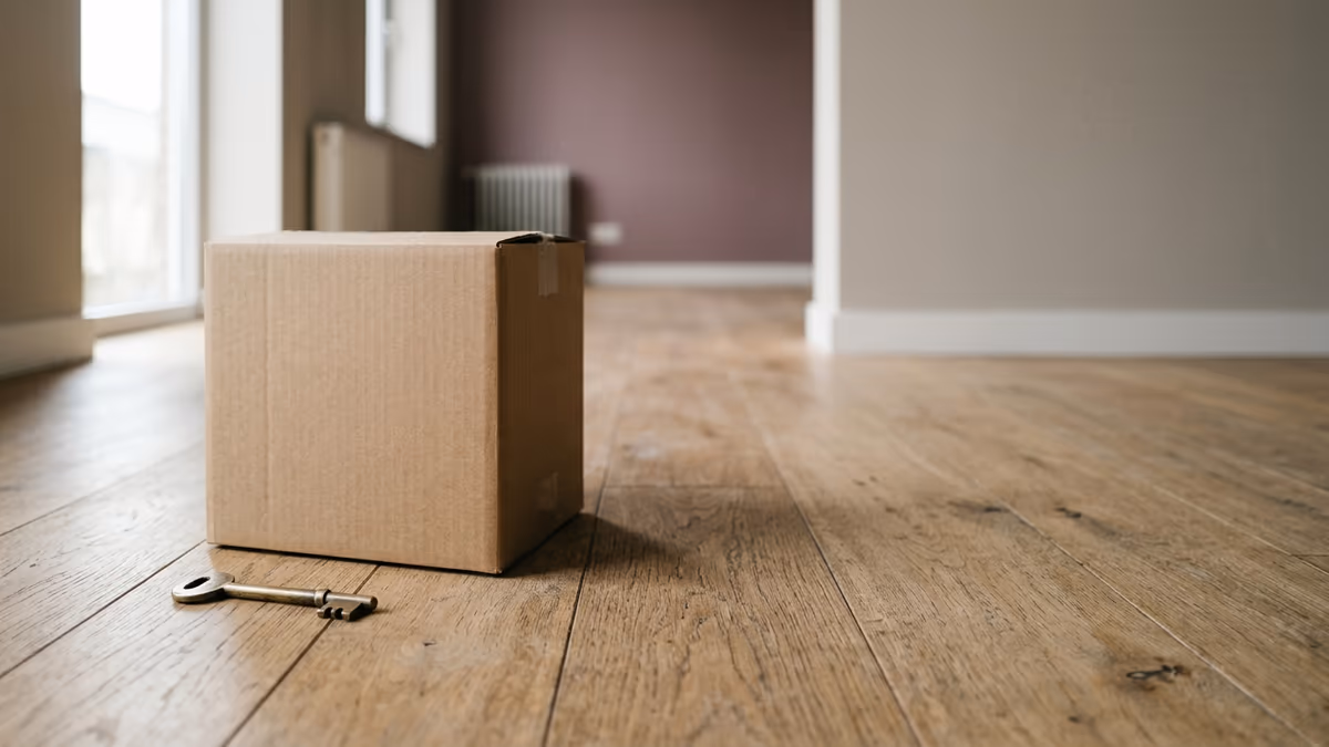 An empty office space with a packed moving box, symbolizing the orderly closing of a business