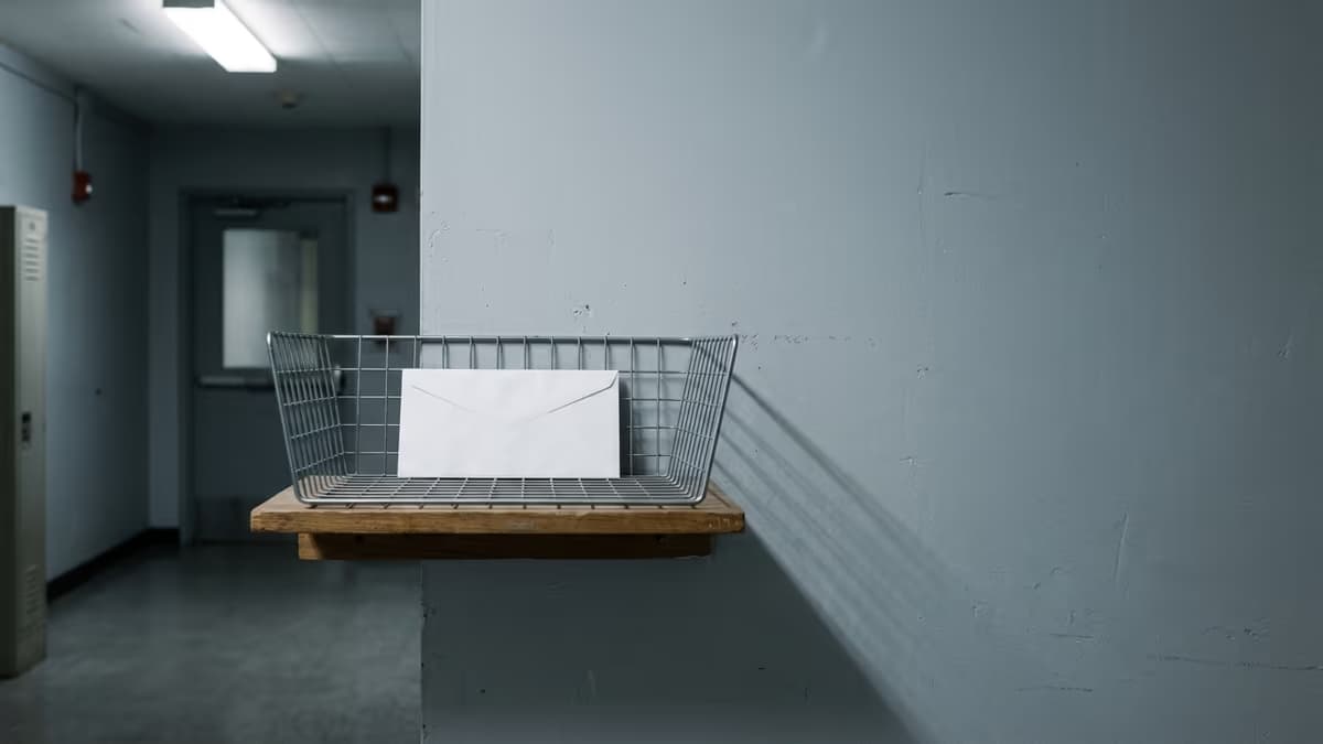A single envelope resting in an empty metal mail tray under hard overhead light, suggesting a notice that arrived at an address nobody is watching.