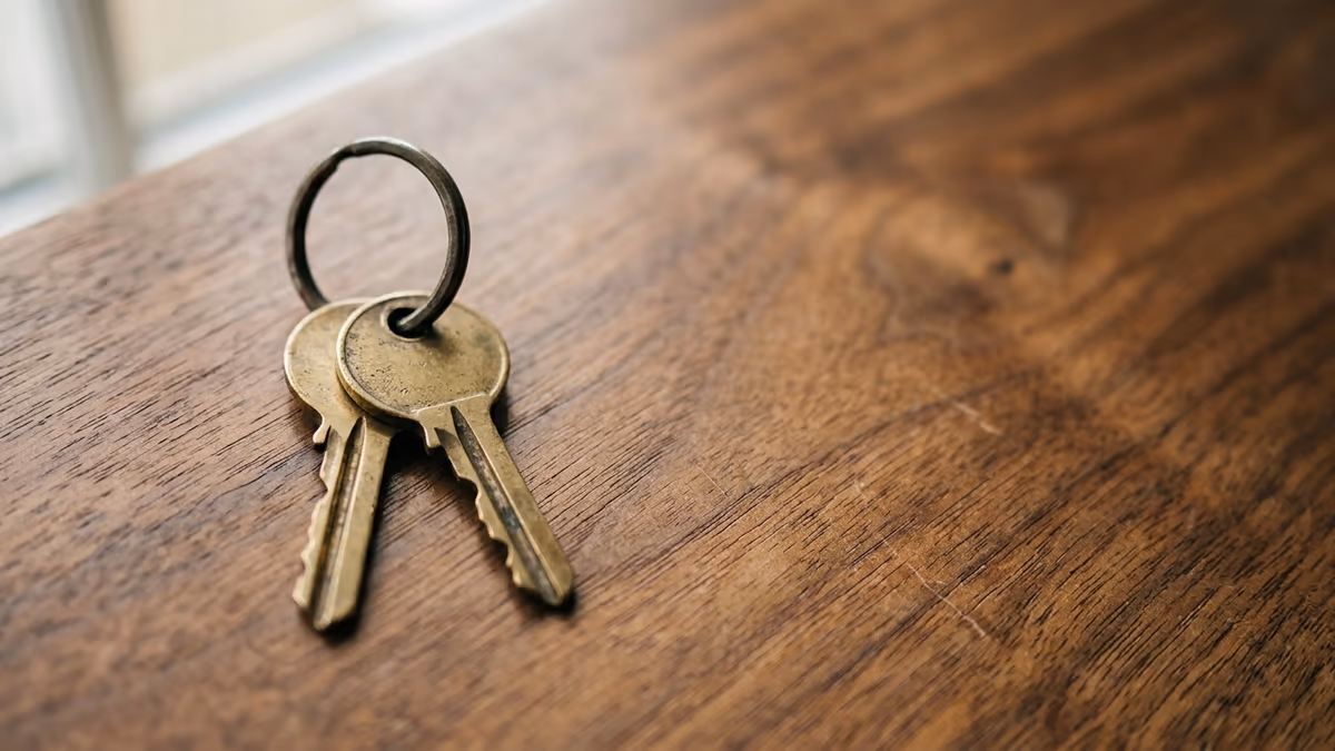 Two brass keys sharing a single ring on a wooden surface, symbolizing an LLC keeping its identity through a name change