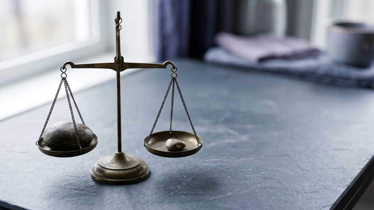 A brass balance scale holding two stones of different sizes yet resting perfectly level, symbolizing profit shares that differ from ownership percentages.