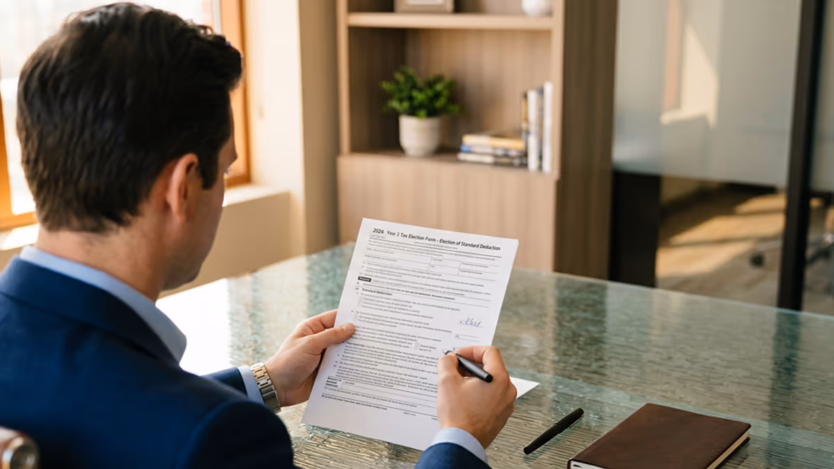 Business professional in a warm sunlit modern office reviewing a tax form at a glass conference table with a notebook and pen captured from behind in editorial style