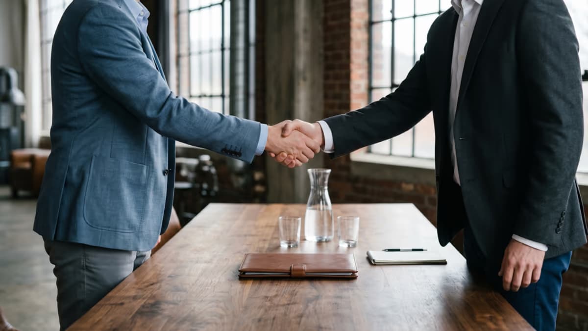 Two business partners shaking hands across a wooden conference table with a folded contract folder between them, faces not visible, cool washed steel blue palette