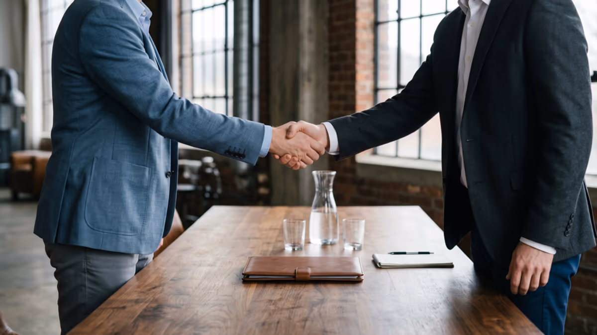Two business partners shaking hands across a wooden conference table with a folded contract folder between them, faces not visible, cool washed steel blue palette