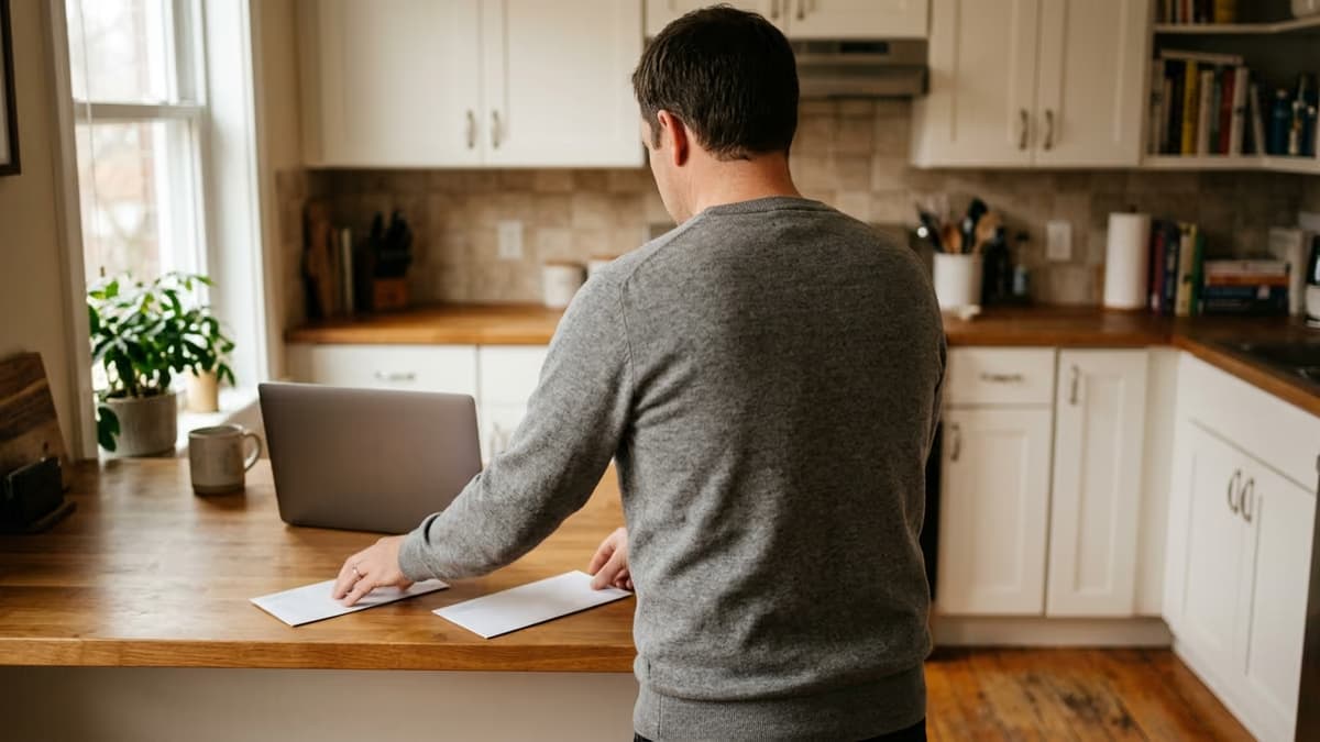A solo business owner standing at a kitchen counter in a small home workspace, seen from behind, setting two plain envelopes beside a closed laptop on an otherwise empty counter